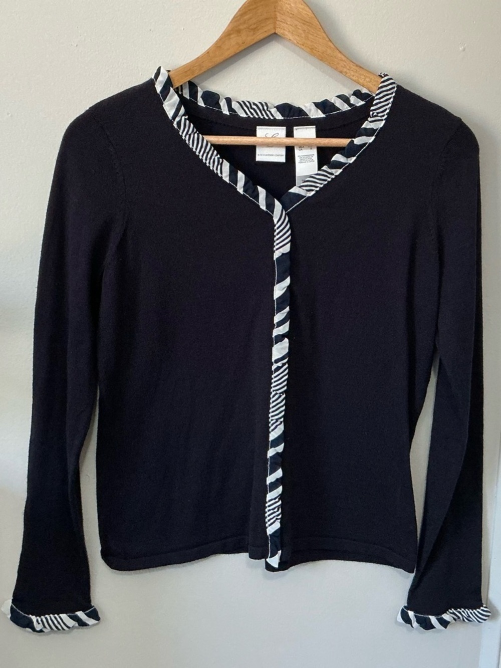 Liz Claiborne Navy Cardigan minimalist sweater with Navy-and-White Trim